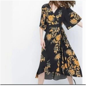 Zara Blue Floral Print Wrap Dress Romantic Vineyard Vibes Sz XS